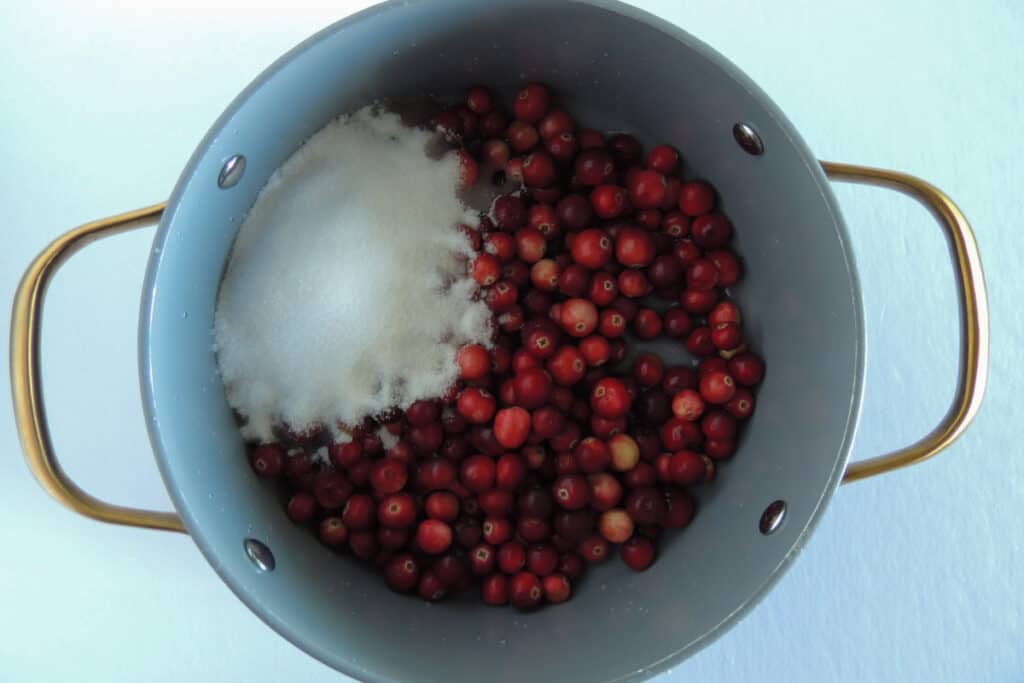 Cranberries, sugar and water simmering in a pan on stovetop.