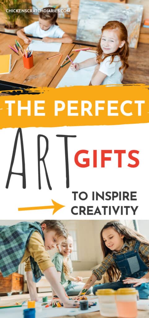 Image of kids drawing at a craft table and kids painting with text "The perfect art gifts to inspire creativity"