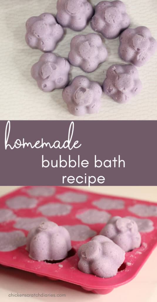 Vertical graphic with two images of bubble bath melts and text "homemade bubble bath recipe"