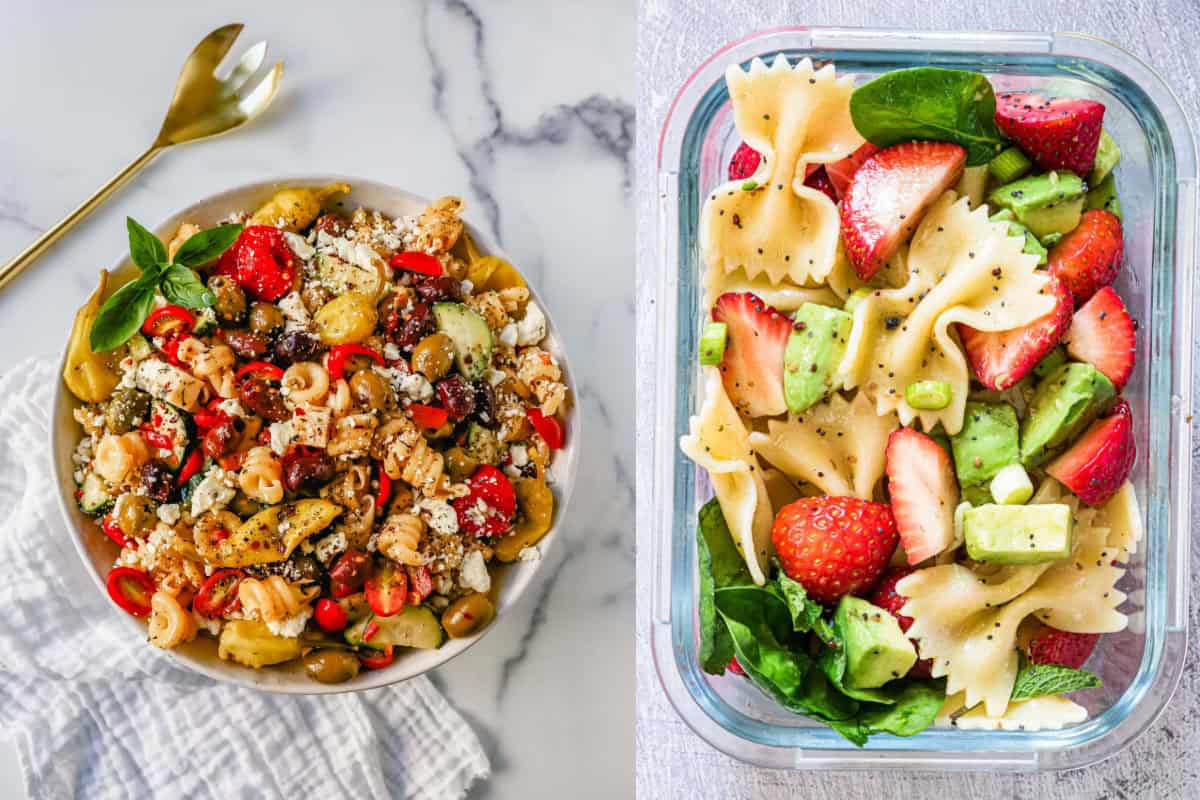 Two cold pasta dishes side by side.