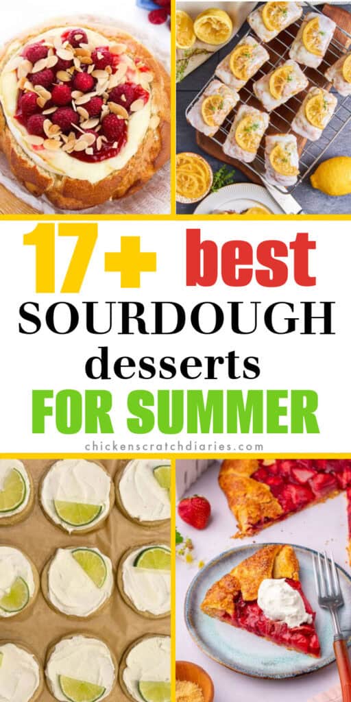 Collage image with 4 desserts and text "17+ best sourdough desserts for summer"