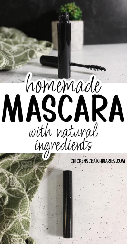 Vertical graphic with two images of mascara in black tube and text "homemade mascara with natural ingredients"