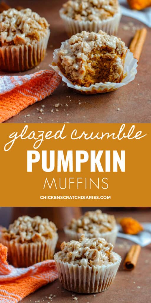 Vertical graphic with two images of baked muffins and text "glazed crumble pumpkin muffins"