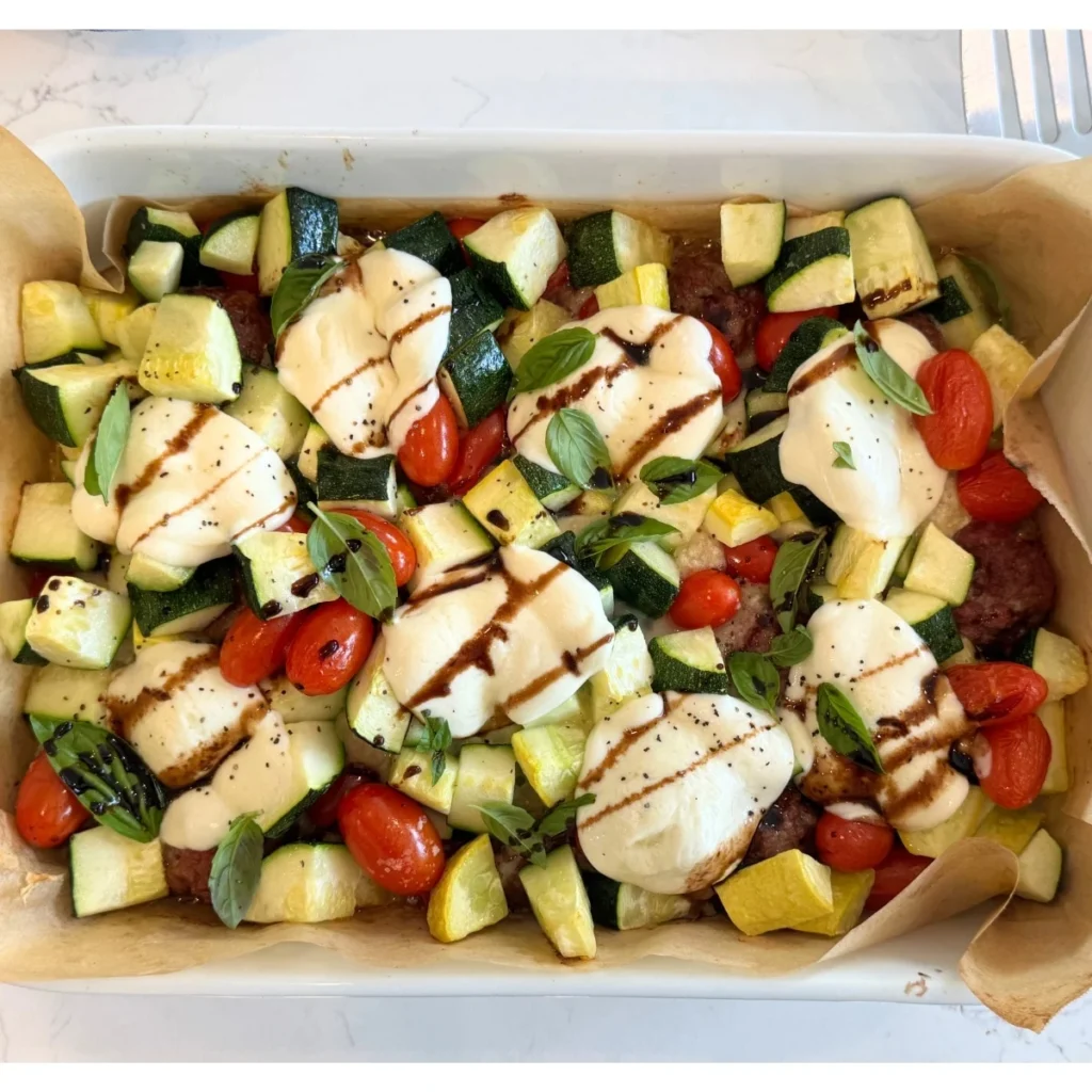 Baking dish with finished sourdough sausage caprese bake.