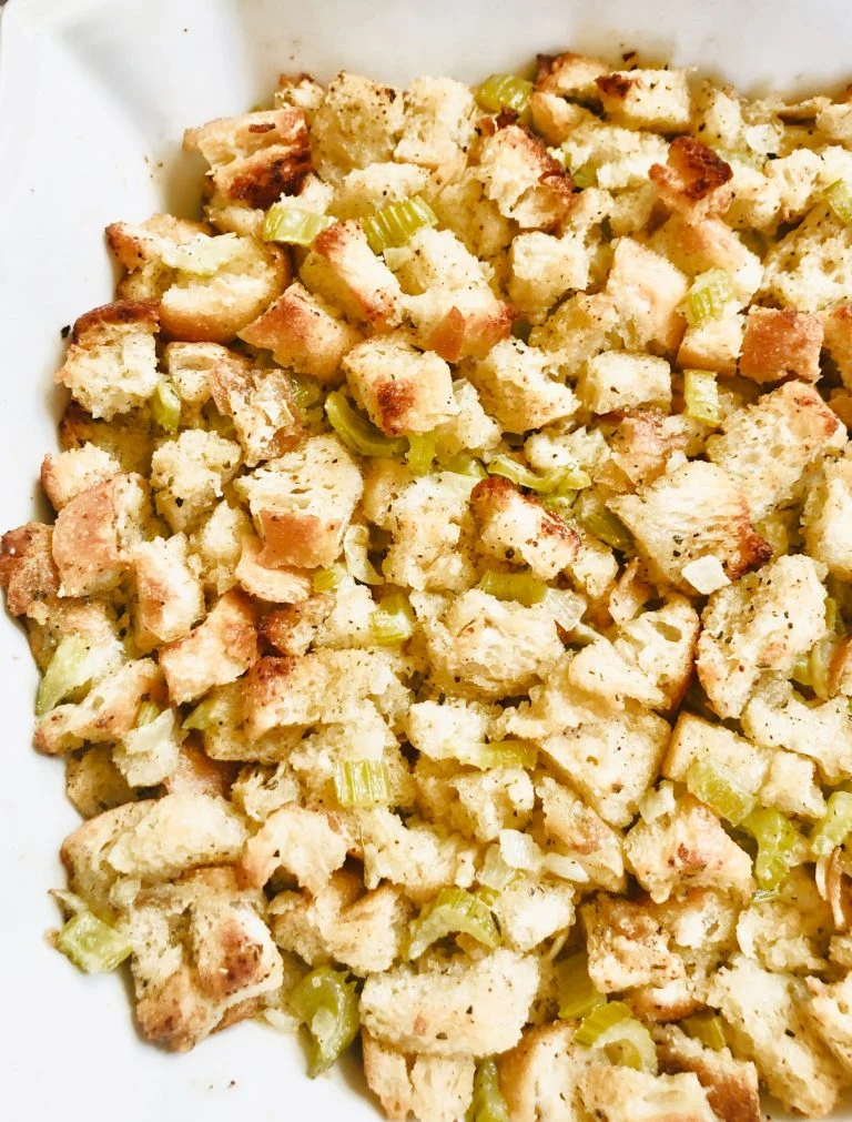 Baked celery and bread dressing.