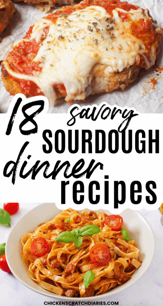 Vertical graphic with image of 2 recipes and text "18 savory sourdough dinner recipes"