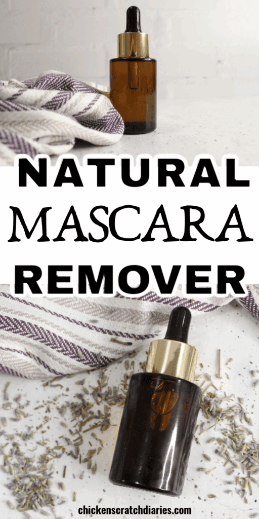 Vertical graphic with two images of glass bottle of product with text 'natural mascara remover'